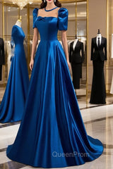 Blue Satin Long A-Line Evening Prom Dresses, Simple Blue Short Sleeve Evening Dresses