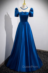 Blue Satin Long A-Line Evening Prom Dresses, Simple Blue Short Sleeve Evening Dresses