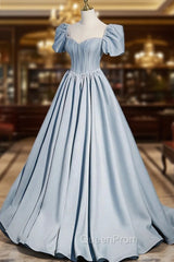 Blue Satin Long A-Line Evening Prom Dresses with Pearls, Cute Short Sleeve Evening Dresses