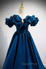 Blue Satin Long Off Shoulder A-Line Evening Prom Dresses, Blue Sweetheart Evening Dresses