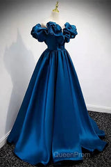 Blue Satin Long Off Shoulder A-Line Evening Prom Dresses, Blue Sweetheart Evening Dresses