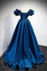 Blue Satin Long Off Shoulder A-Line Evening Prom Dresses, Blue Sweetheart Evening Dresses
