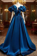 Blue Satin Long Off Shoulder A-Line Evening Prom Dresses, Blue Sweetheart Evening Dresses