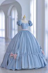 Blue Satin Long Princess Dresses, Cute Short Sleeve Ball Gown Sweet 16 Dresses