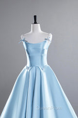 Blue Satin Long Evening Prom Dresses, A-Line Spaghetti Strap Evening Party Dresses