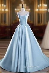 Blue Satin Long Evening Prom Dresses, A-Line Spaghetti Strap Evening Party Dresses