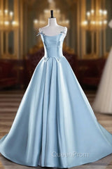 Blue Satin Long Evening Prom Dresses, A-Line Spaghetti Strap Evening Party Dresses