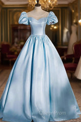 Blue Satin Long Evening Prom Dresses, Blue A-Line Scoop Neckline Short Sleeve Evening Dresses