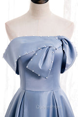 Blue Satin Long Evening Prom Dresses with Pearls, Blue A-Line Strapless Party Dresses