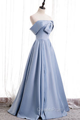 Blue Satin Long Evening Prom Dresses with Pearls, Blue A-Line Strapless Party Dresses