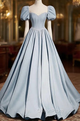 Blue Satin Long Evening Prom Dresses with Pearls, Blue Short Sleeves A-line Evening Dresses