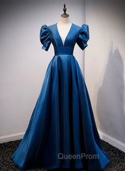 Blue Satin Long Evening Prom Dresses with Short Sleeves, Blue Evening Dresses
