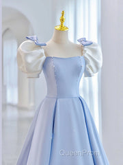 Blue Satin Long Evening Prom Dresses, Blue Formal Graduation Dresses