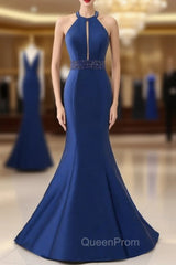 Blue Satin Mermaid Halter Cut Out Backless Long Evening Prom Dresses