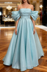 Blue Satin Off Shoulder Long Party Dresses, A-line Blue Evening Prom Dresses