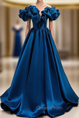 Blue Satin Off the Shoulder Evening Prom Dresses