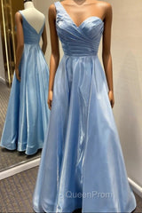 Blue Satin One Shoulder Pleats Evening Prom Dresses
