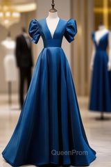 Blue Satin Puff Sleeve Backless Evening Prom Dresses