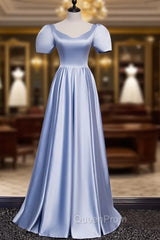 Blue Satin Puff Sleeve Pearls Beading Evening Prom Dresses