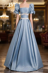 Blue Satin Puff Sleeve Square Beading Evening Prom Dresses