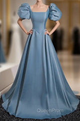 Blue Satin Puff Sleeve Square Neck Evening Prom Dresses