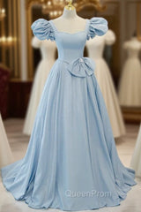 Blue Satin Puff Sleeve Square Evening Prom Dresses