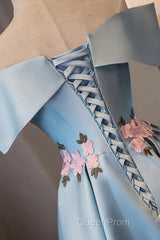 Blue Satin Short Party Dresses With Flowers, Blue Knee Length Homecoming Dresses