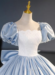 Blue Satin Short Sleeves Long Formal Dresses, Blue Satin Sweet 16 Dresses