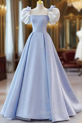 Blue Satin Short Sleeves with Bow Lace-up Party Dresses, Blue Evening Prom Dresses