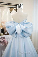 Blue Satin Spaghetti Strap Long Evening Prom Dresses With Big Bow, Blue A-Line Evening Party Dresses