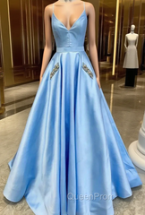 Blue Satin Spaghetti Straps Pocket Beading Evening Prom Dresses