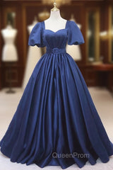 Blue Satin Square Neck Puff Sleeve Pleats Evening Prom Dresses