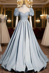 Blue Satin Square Puff Sleeve Pearls Evening Prom Dresses