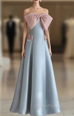 Blue Satin Straples Pink Bow Evening Prom Dresses