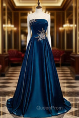 Blue Satin Strapless Beading Appliques Evening Prom Dresses