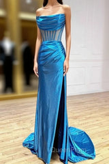 Blue Satin Strapless Pleats Split Evening Prom Dresses