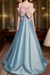Blue Satin Strapless Evening Prom Dresses With Pink Bow