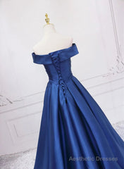 Blue Satin Sweetheart Long Wedding Party Dress Blue Formal Dress prom dresses shops