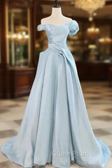 Blue Satin Tulle Off the Shoulder Evening Prom Dresses
