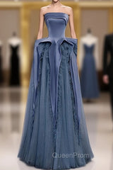 Blue Satin Tulle Sequins Strapless Evening Prom Dresses