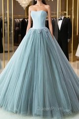 Blue Satin Tulle Strapless Beading Evening Prom Dresses