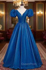 Blue Satin V-neck Puff Sleeve Backless Evening Prom Dresses