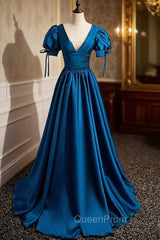 Blue Satin V-neck Short Sleeve Pleats Evening Prom Dresses