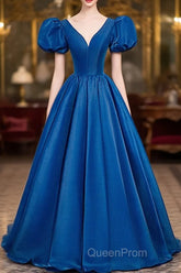 Blue Satin V-Neckline Short Sleeves Long Formal Dresses, Blue Satin Evening Prom Dresses