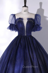 Blue Scoop Neckline Tulle Long Evening Prom Dresses, A-Line Short Sleeve Evening Gown
