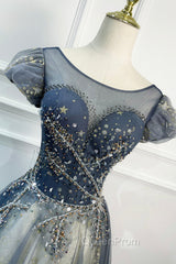 Blue Scoop Neckline Tulle Long Evening Prom Dresses with Beaded, A-Line Evening Party Dresses