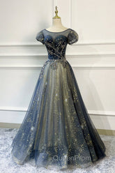 Blue Scoop Neckline Tulle Long Evening Prom Dresses with Beaded, A-Line Evening Party Dresses