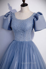 Blue Scoop Tulle Long Evening Prom Dresses, A-Line Short Sleeve Evening Dresses