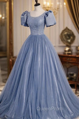 Blue Scoop Tulle Long Evening Prom Dresses, A-Line Short Sleeve Evening Dresses