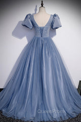 Blue Scoop Tulle Long Evening Prom Dresses, A-Line Short Sleeve Evening Dresses